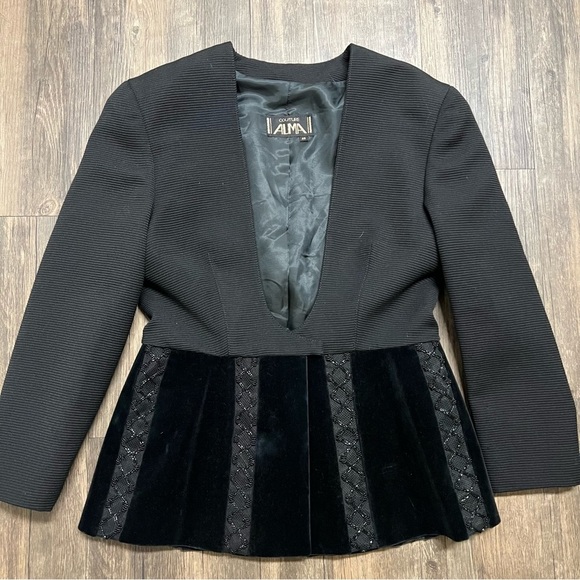 ALMA Couture Black Fitted Peplum Beaded Blazer Cocktail Jacket Velvet Holidays L - Picture 7 of 16